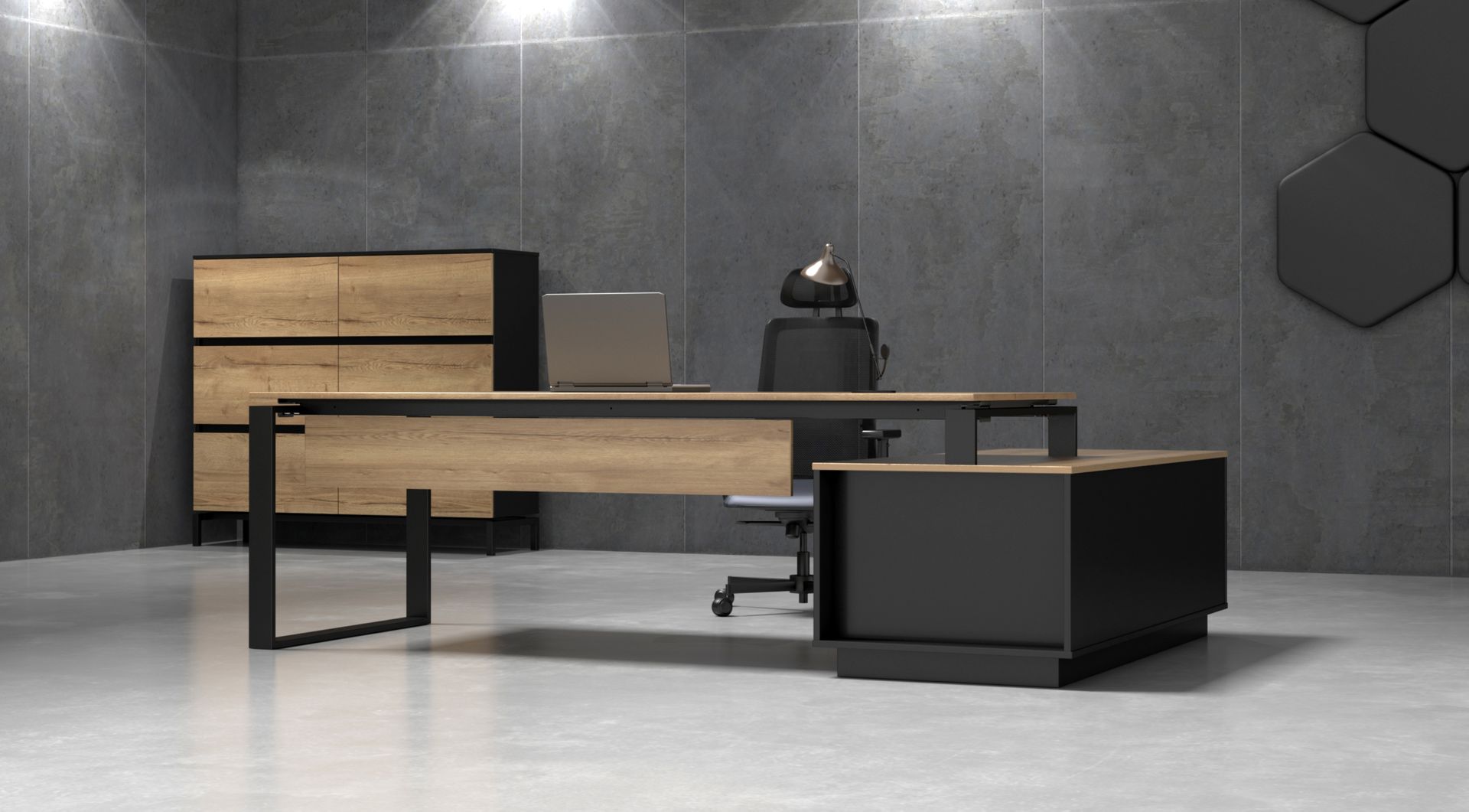 Modernes Büro mit großem Schreibtisch, Schrank und Stuhl vor einer grauen Wand.