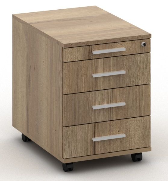 Mobiler Aktenschrank aus Eichenholz mit vier Schubladen und Rollen.