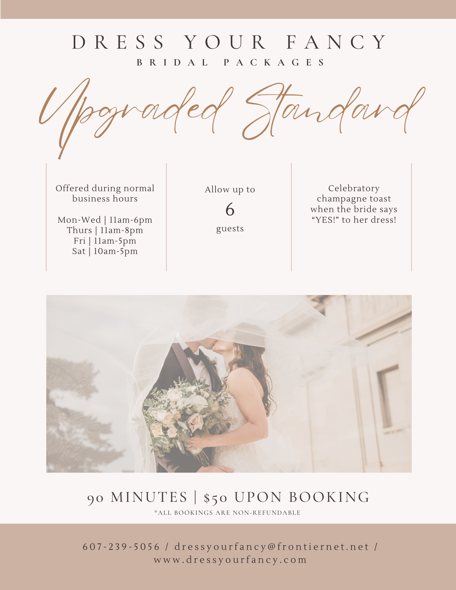 A bride and groom are kissing on a poster for dress your fancy bridal packages.