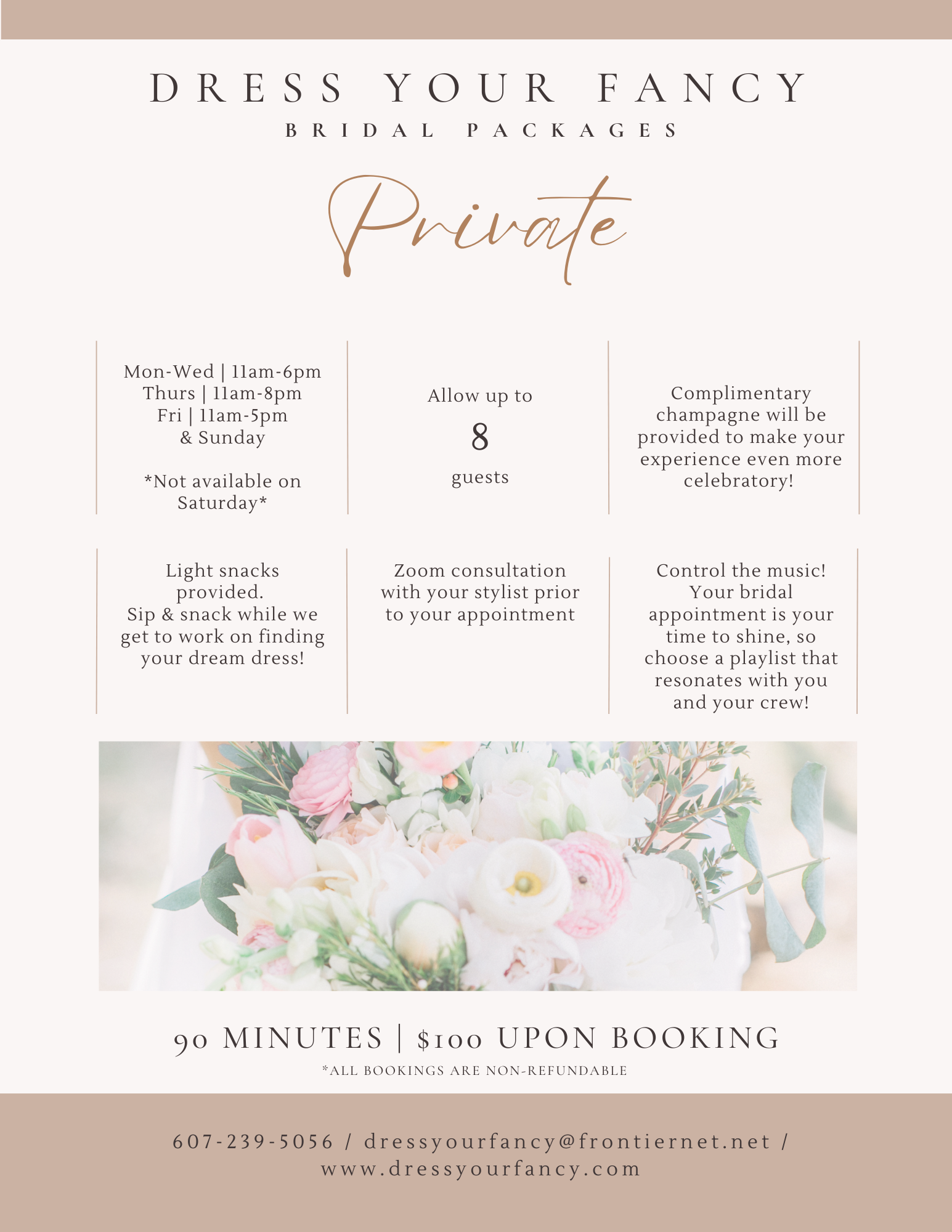 A flyer for dress your fancy bridal packages.