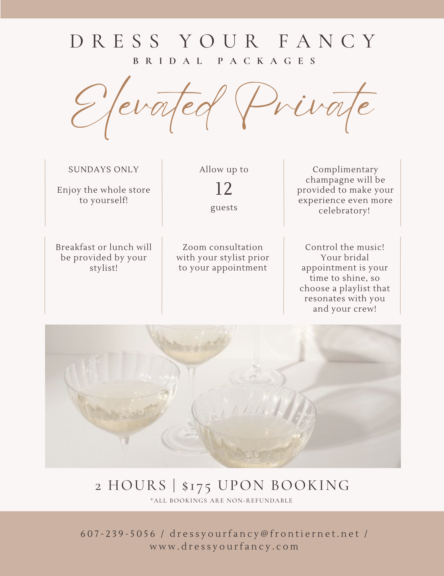 A poster for dress your fancy bridal packages with two glasses of champagne.