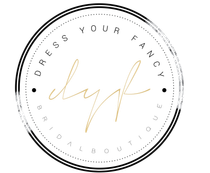 A logo for a bridal boutique called dress your fancy.
