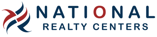 The logo for national realty centers is red , white and blue.