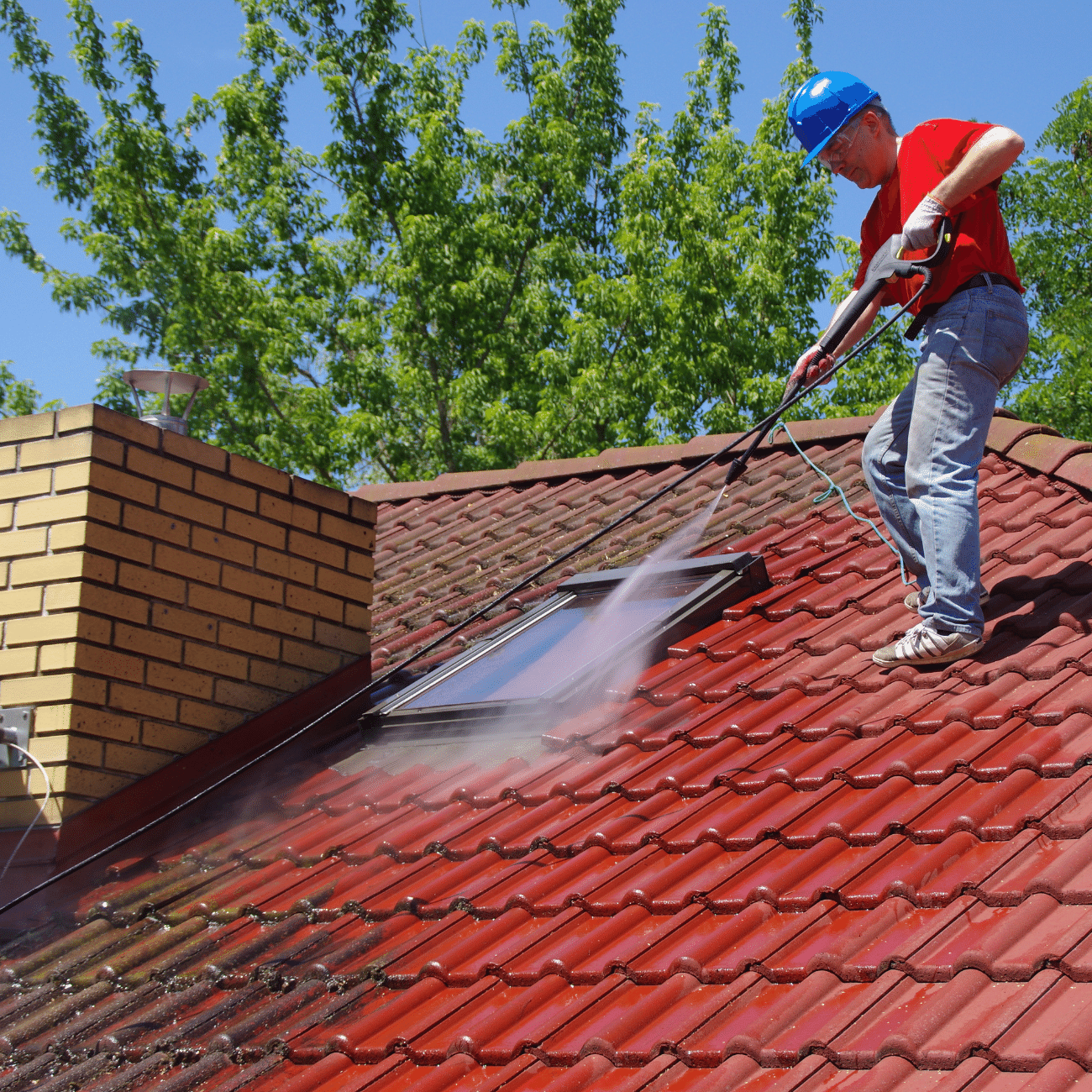 Worker cleaning a tile roof