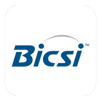Logo of BICSI, blue text with curved gray arc.