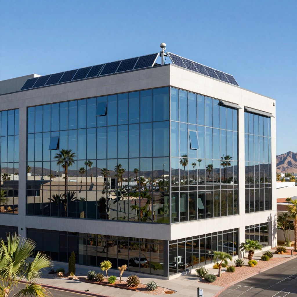 Modern glass office building with solar panels on roof, palm trees, and clear sky.