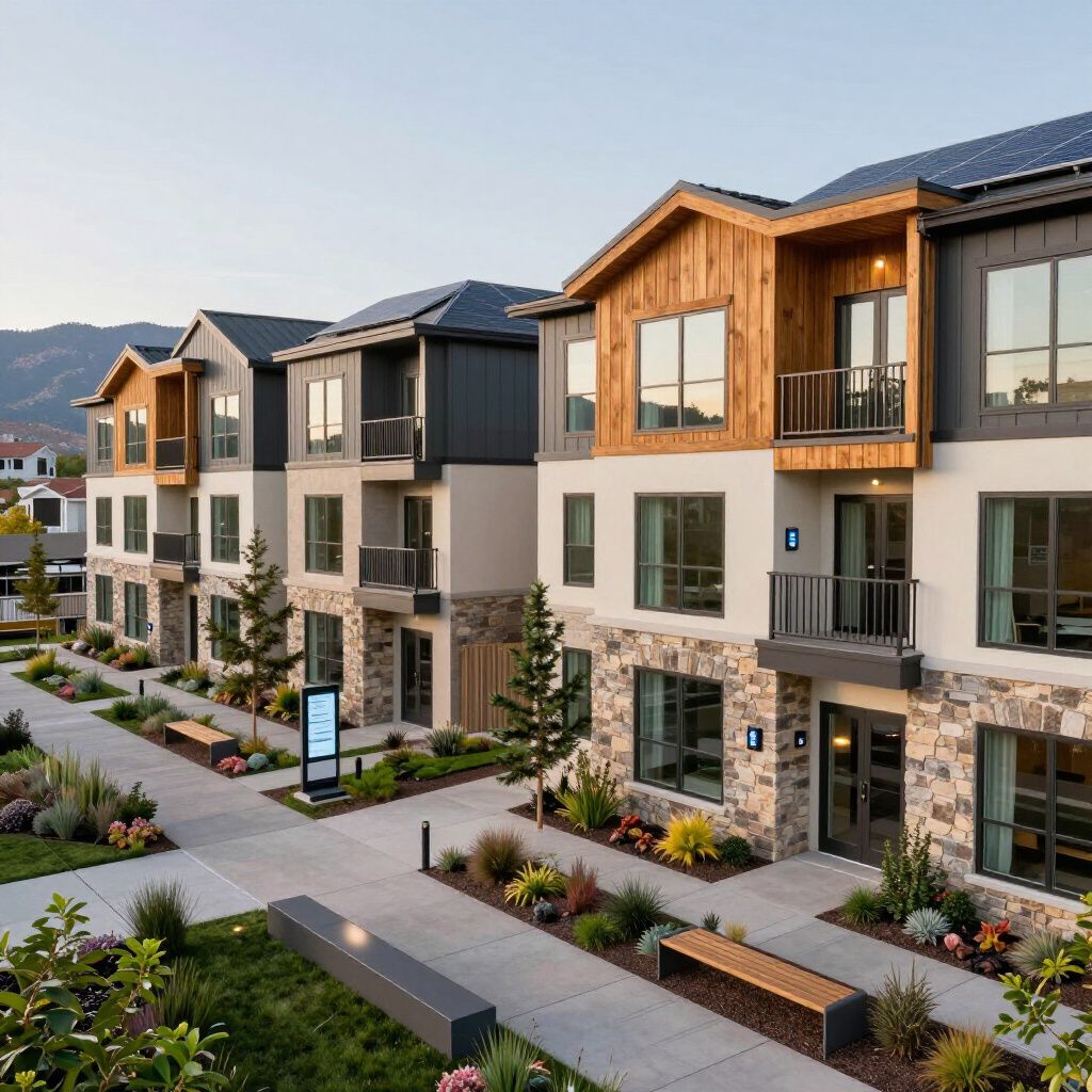 Multi-story apartment buildings with stone and wood accents; landscaped walkway.