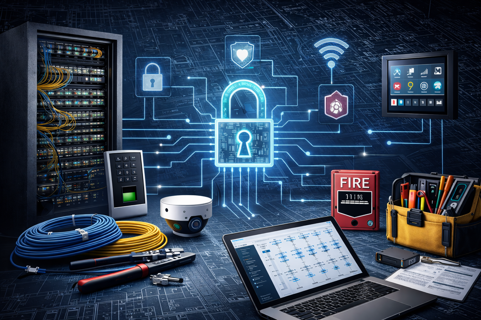 Cybersecurity setup with server rack, laptop, smart devices, and glowing circuit board background.