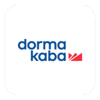Dorma Kaba logo: blue text and red abstract shape on white rounded square.