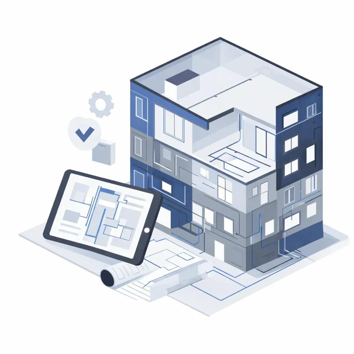 Isometric building blueprint with tablet showing floor plan, blueprints, and design tools.