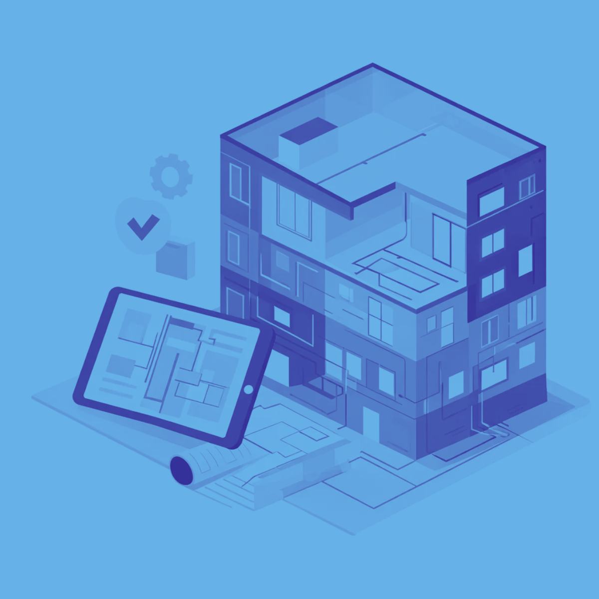 Blue-toned photo of a safety light and the blurred silhouettes of people indoors.