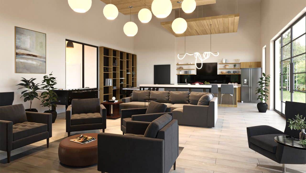 Watercolor rendering of a town square with buildings, trees, pedestrians, and cars under a blue sky.