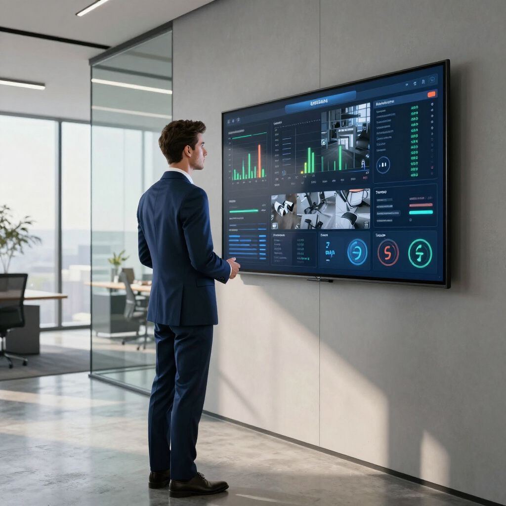 Man in suit looking at a large screen displaying business data in an office setting.