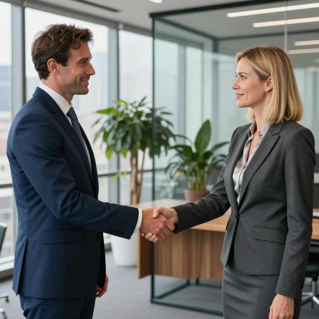 Man and woman shaking hands in a modern office, smiling, wearing business suits.