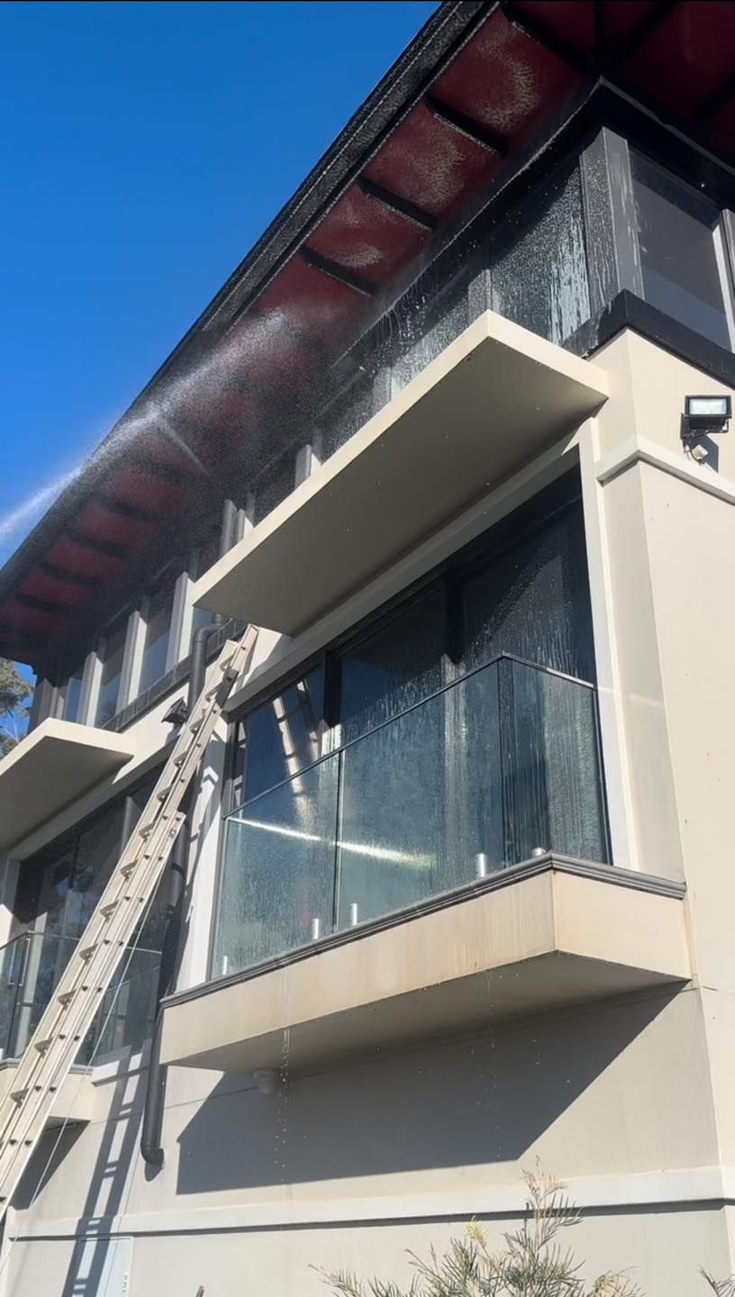 A Man is Cleaning the Side of a Building With a Ladder — O & D House Wash & Cleaning Services in Westbrook, QLD