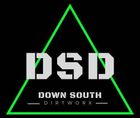 Logo for Down South Dirtworx, with "DSD" in white block letters inside a green triangle. Black background.