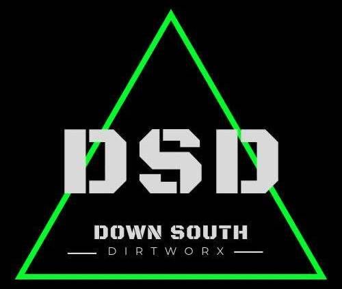 Logo for Down South Dirtworx, with "DSD" in white block letters inside a green triangle. Black background.