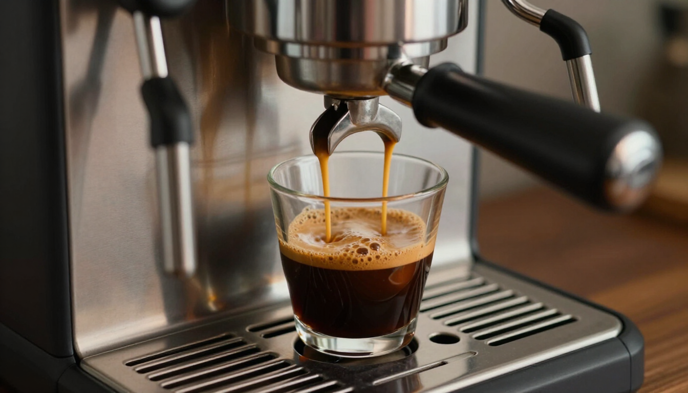 Una macchina per caffè espresso che prepara una dose di caffè fresco in un bicchierino appoggiato su un vassoio raccogligocce in metallo.