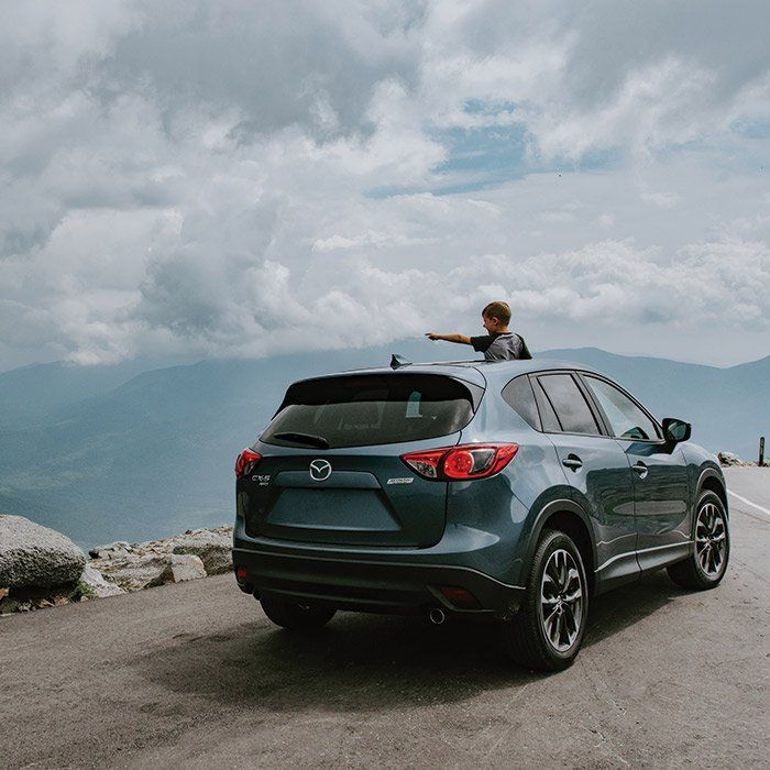 Little Boy Standing on Car Sunroof