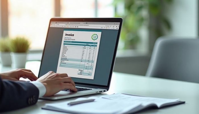 A person is typing on a laptop computer with an invoice on the screen.