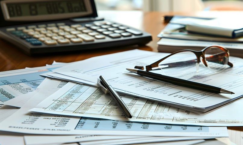 A calculator is sitting on a desk next to a pile of papers and a pair of glasses.