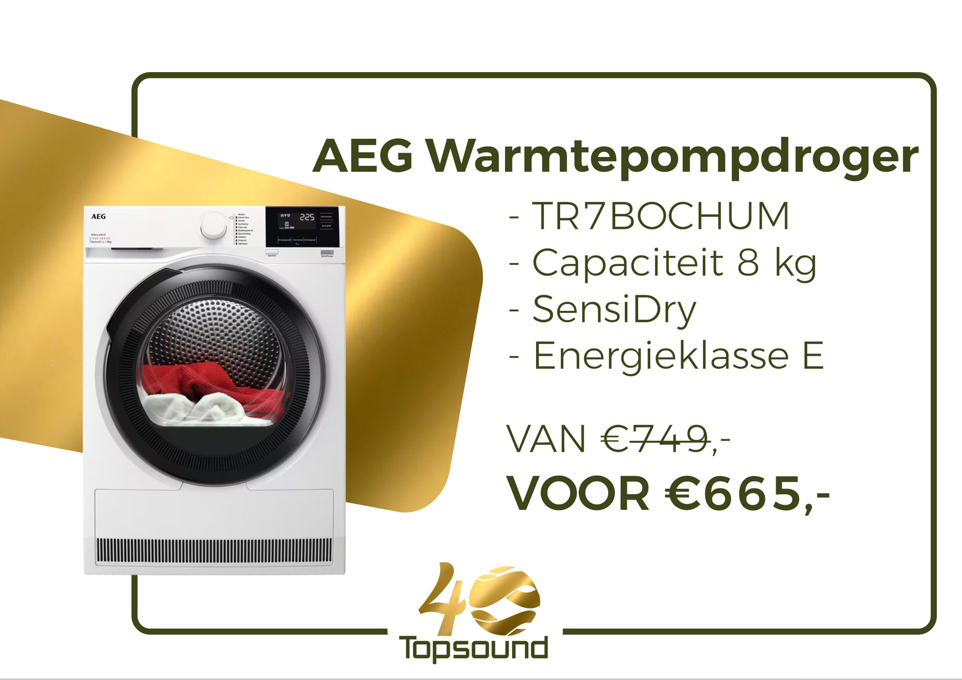 AEG Warmtepomp droger. 8 kg capaciteit. Nu voor €665,-. Klik op de afbeelding voor meer informatie.