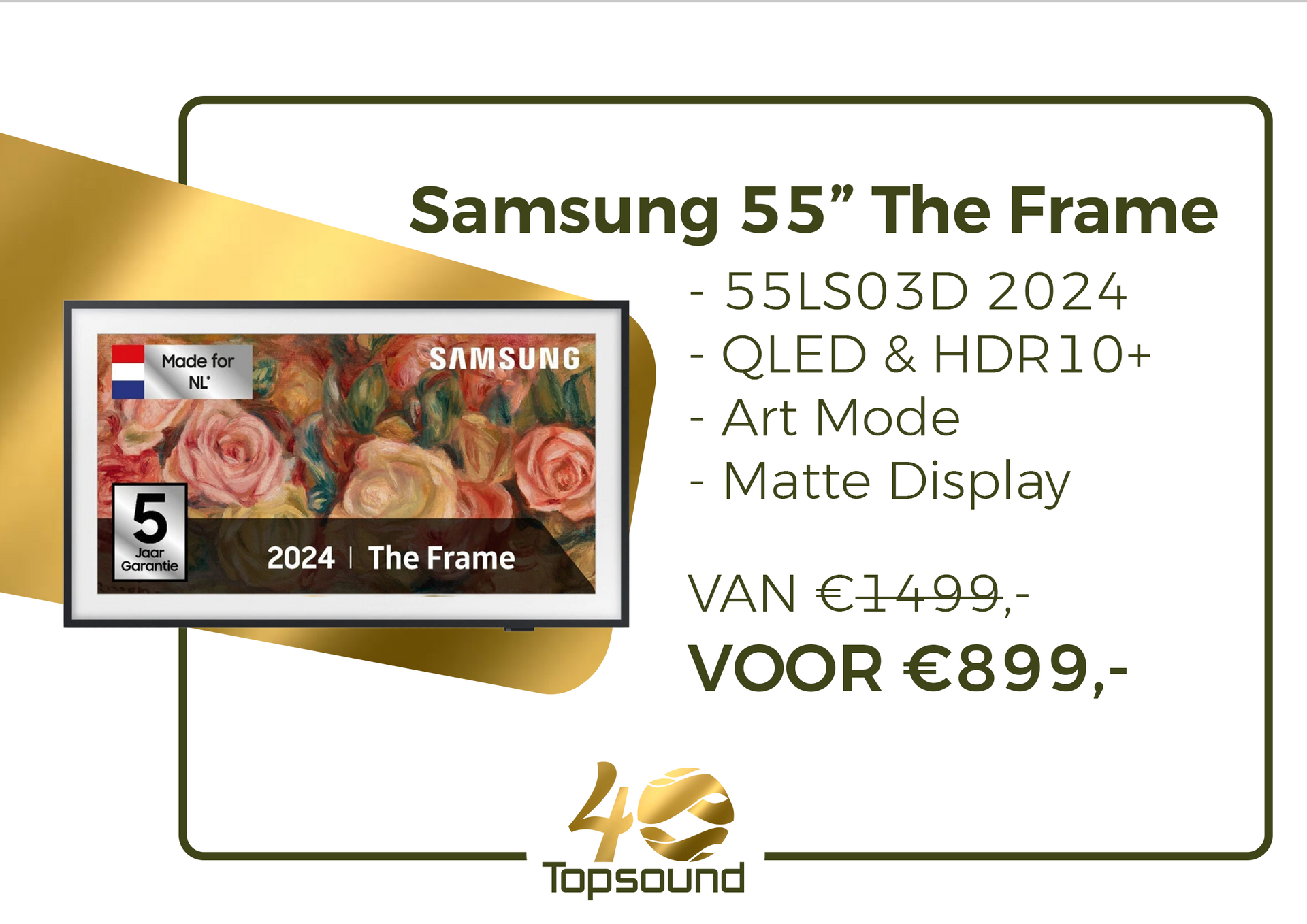 Samsung 55 inch Frame 2024. De tv die lijkt op een schilderij als hij uit staat. Inclusief One Connect Box en No Gap Wall Mount. Nu voor €899,-. Klik op de afbeelding voor meer informatie.