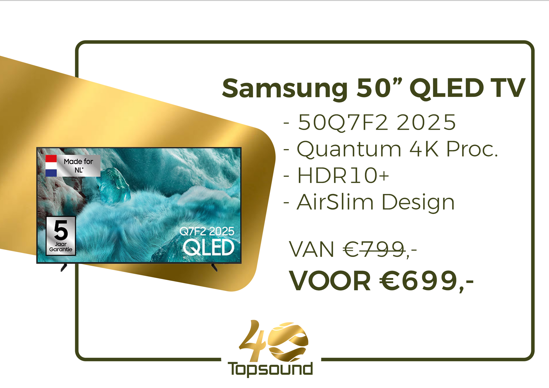 Samsung 50 inch QLED tv. Heeft een slank design, de nieuwste processor en HDR10+ voor het beste contrast. Nu voor €699,-. Klik op de afbeelding voor meer informatie.