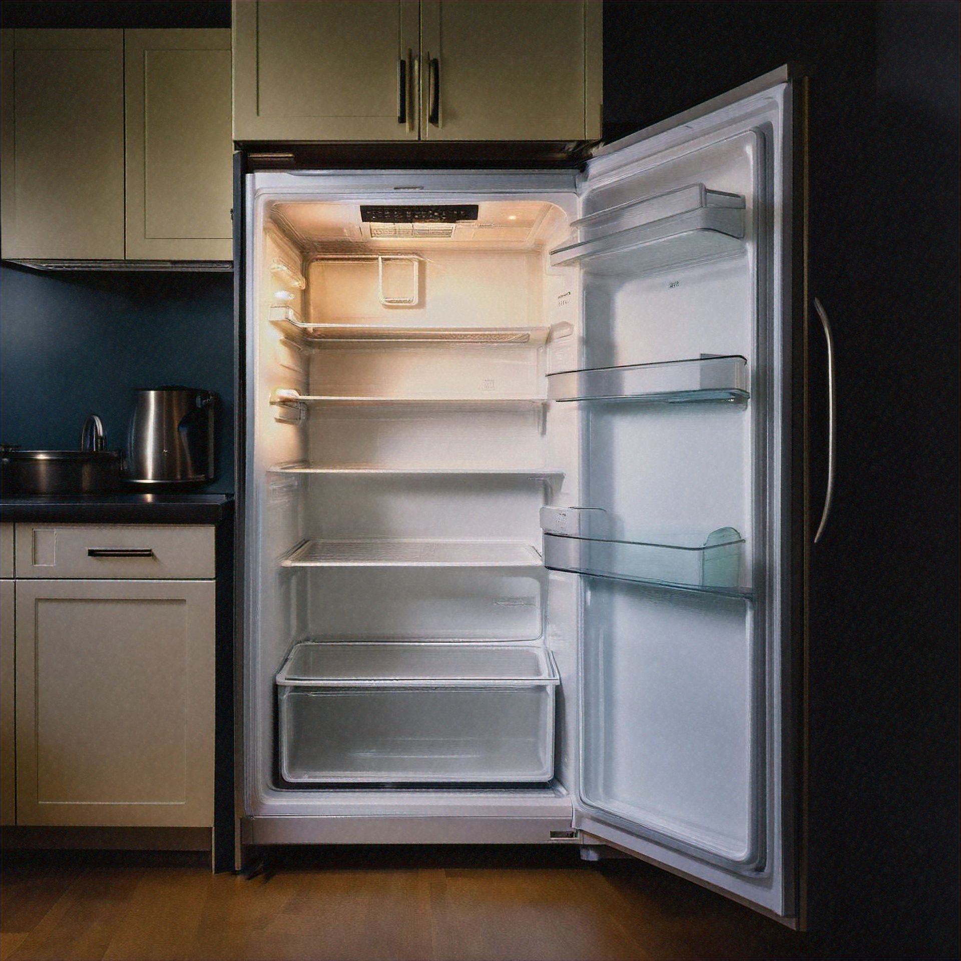 An empty refrigerator in a kitchen with the door open