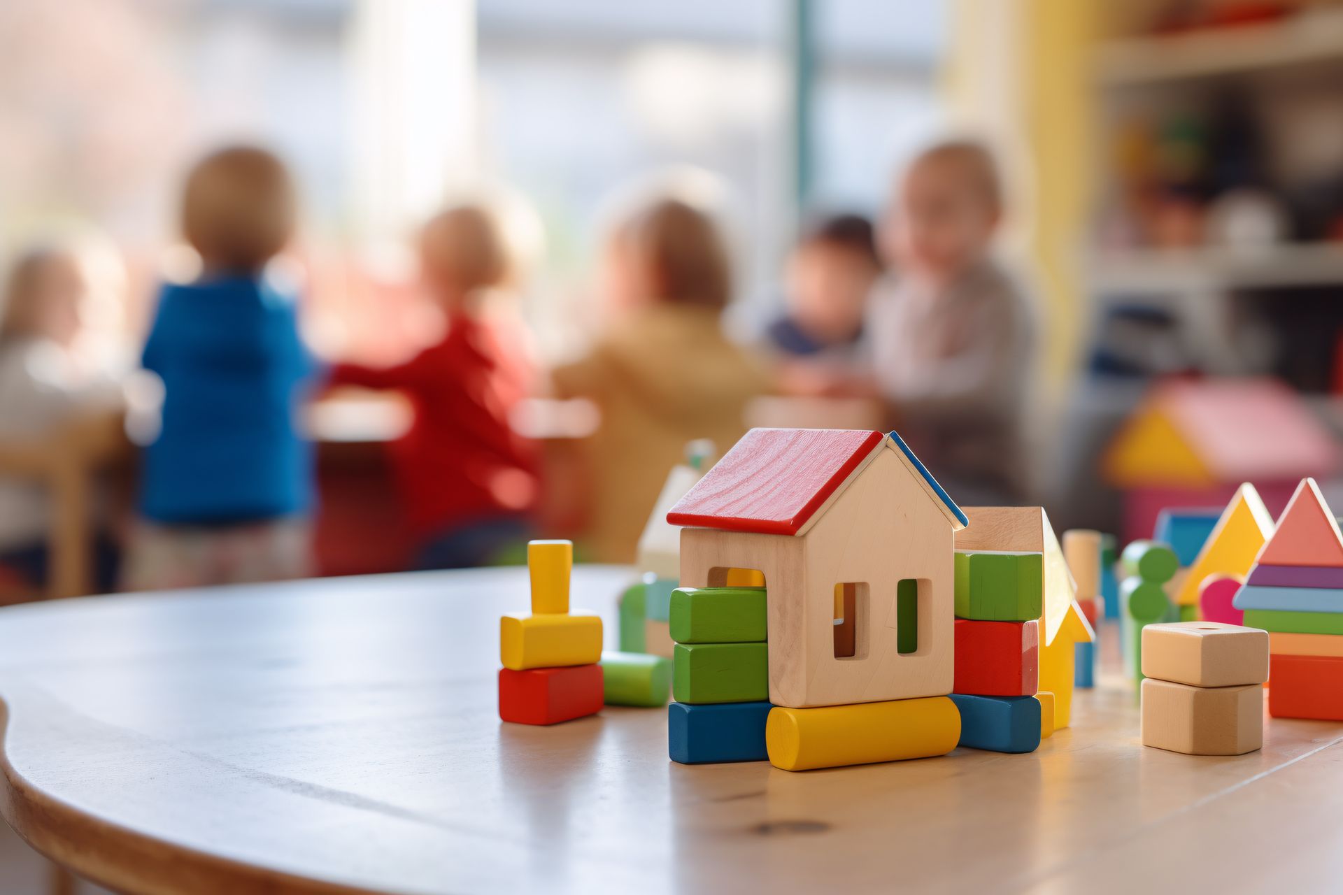 Wooden blocks at a local child care agency provide a fun and safe learning space for children.