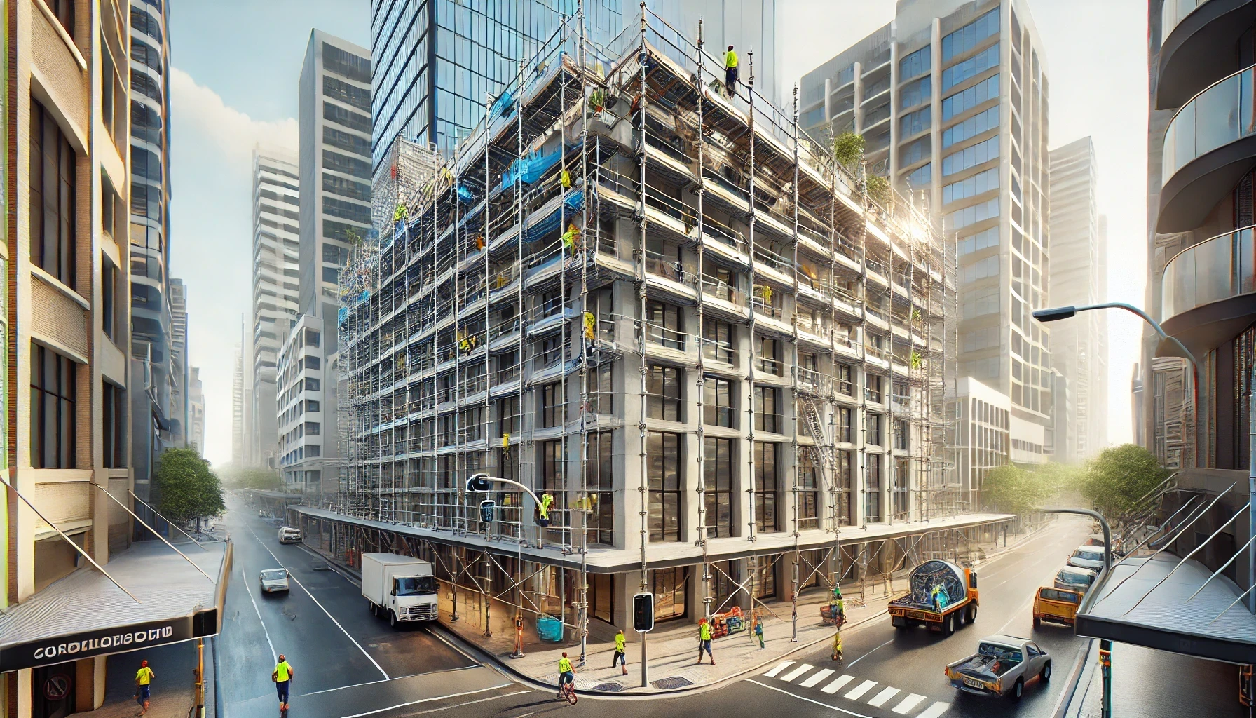 A building under construction in a city with scaffolding around it.