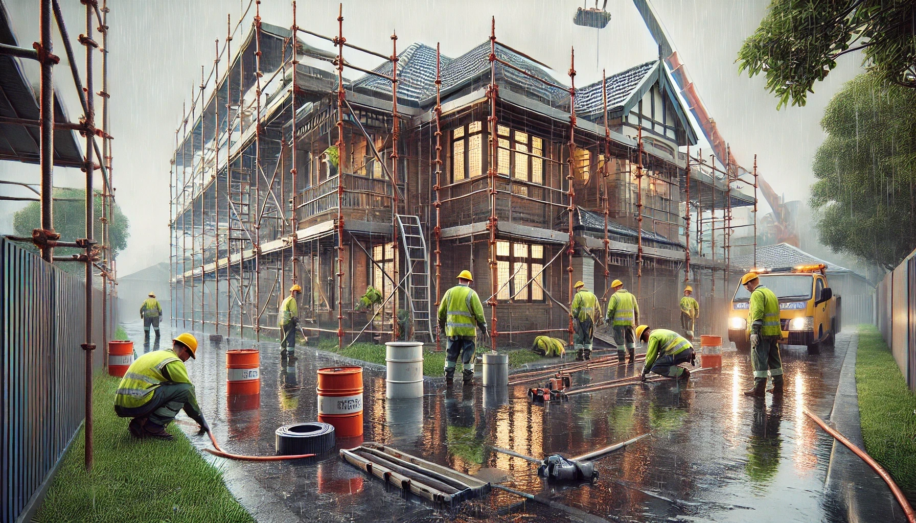 A group of construction workers are working on a house under construction in the rain.