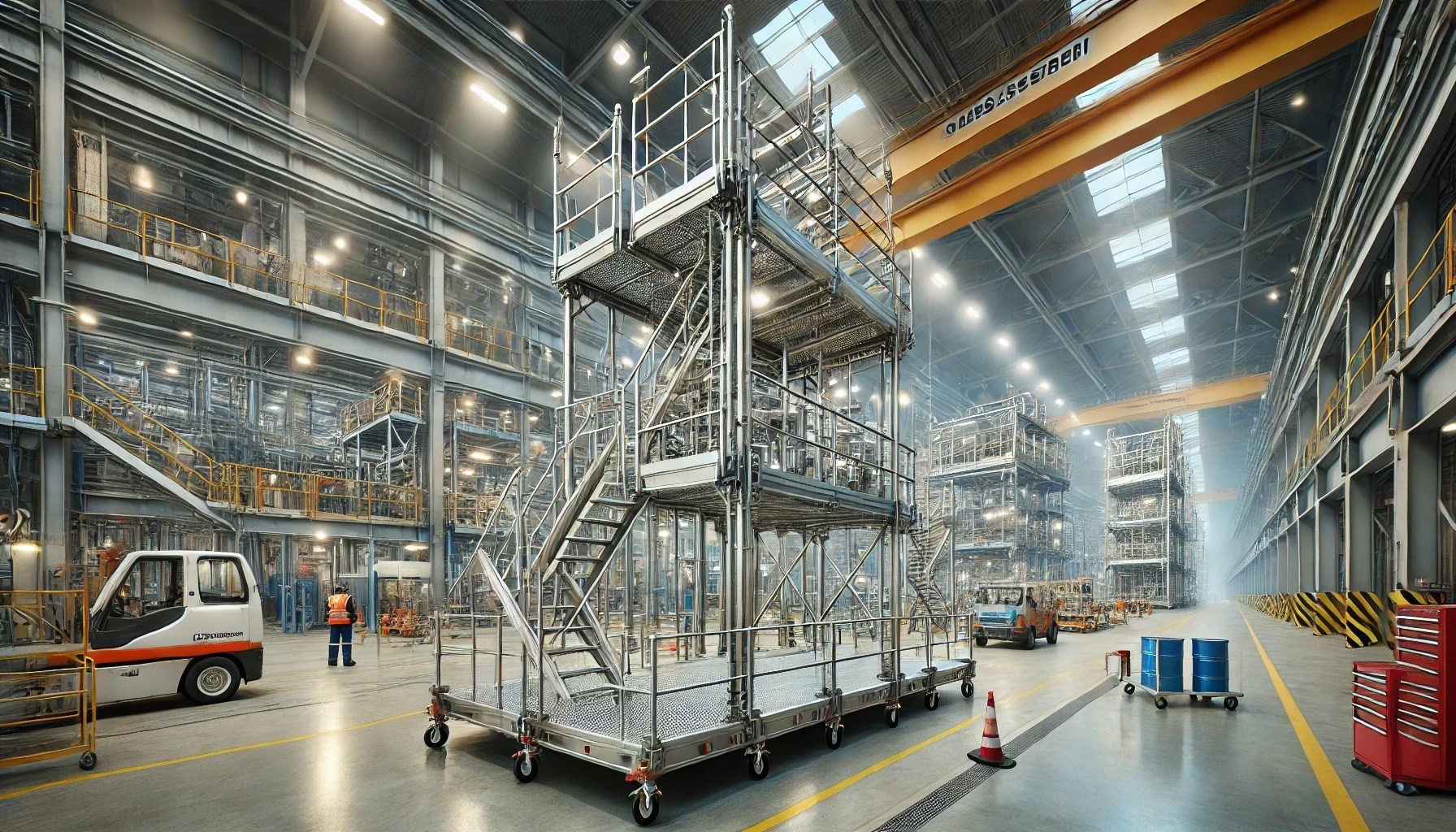 A large warehouse filled with lots of machinery and stairs, with mobile scaffolding in the middle.