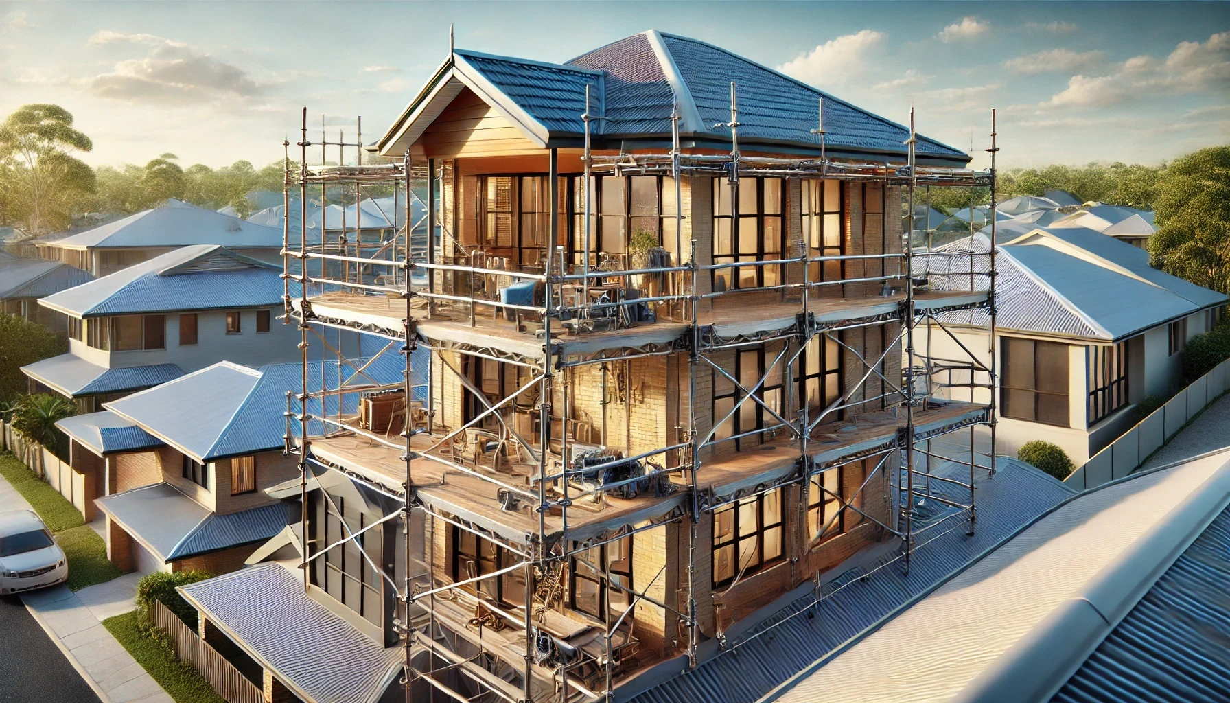 A house under construction in a residential area with scaffolding around it.