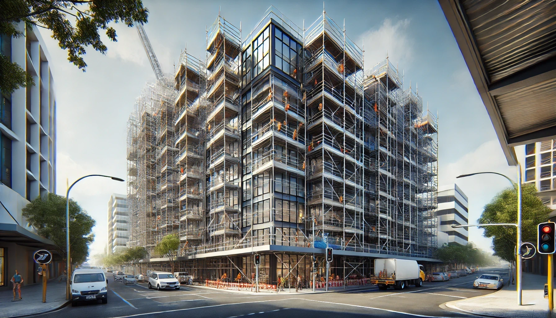 A commercial building under construction and covered with scaffolding on the corner of a city street.