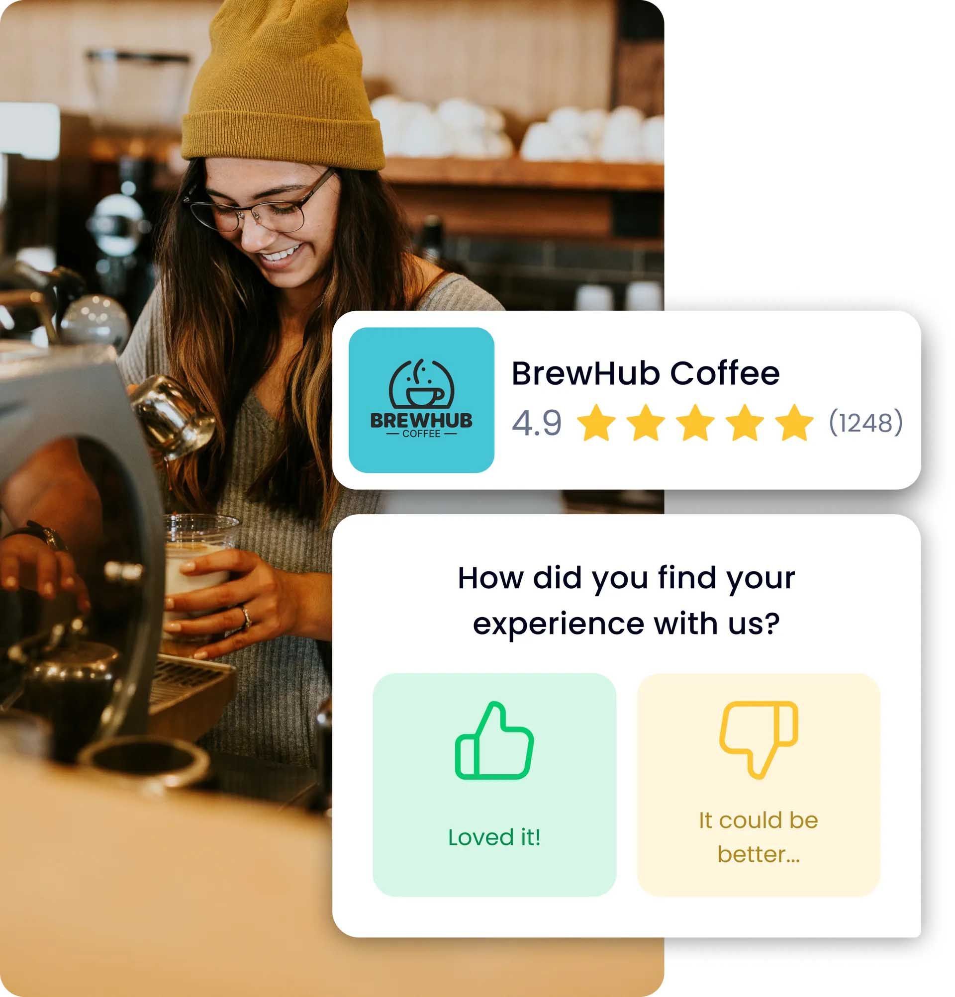 A woman is pouring coffee into a cup in a coffee shop.