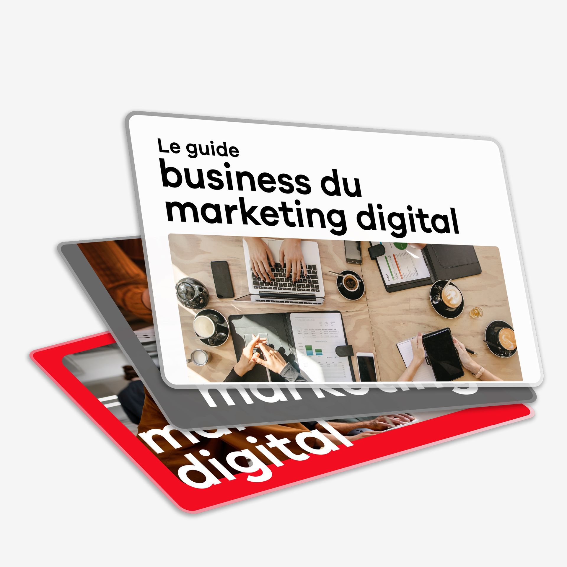 Un livre intitulé le guide business du marketing digital est empilé les uns sur les autres.
