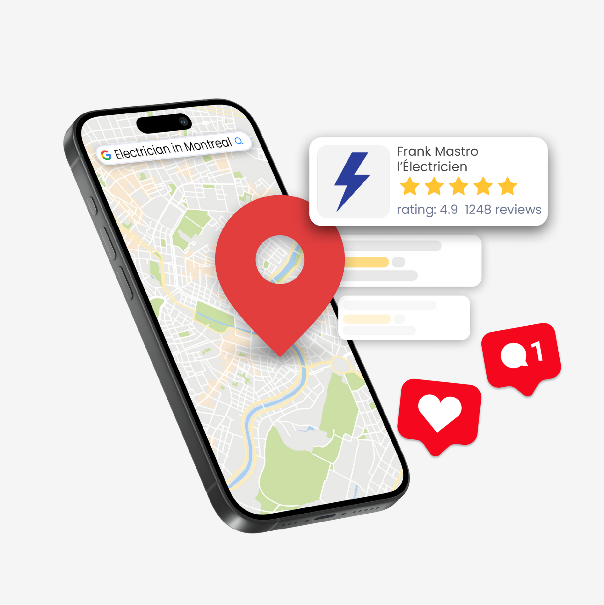 A cell phone with a map and a pin on it.
