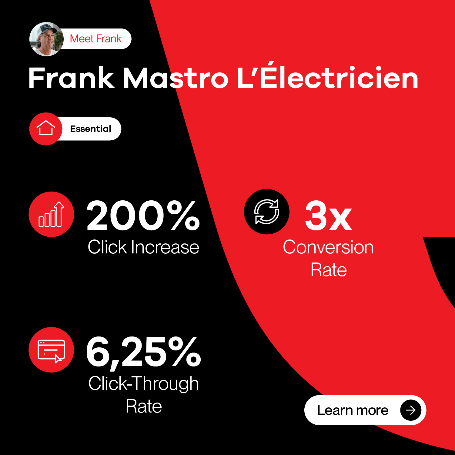 A red and black advertisement for frank mastro l' electricien.
