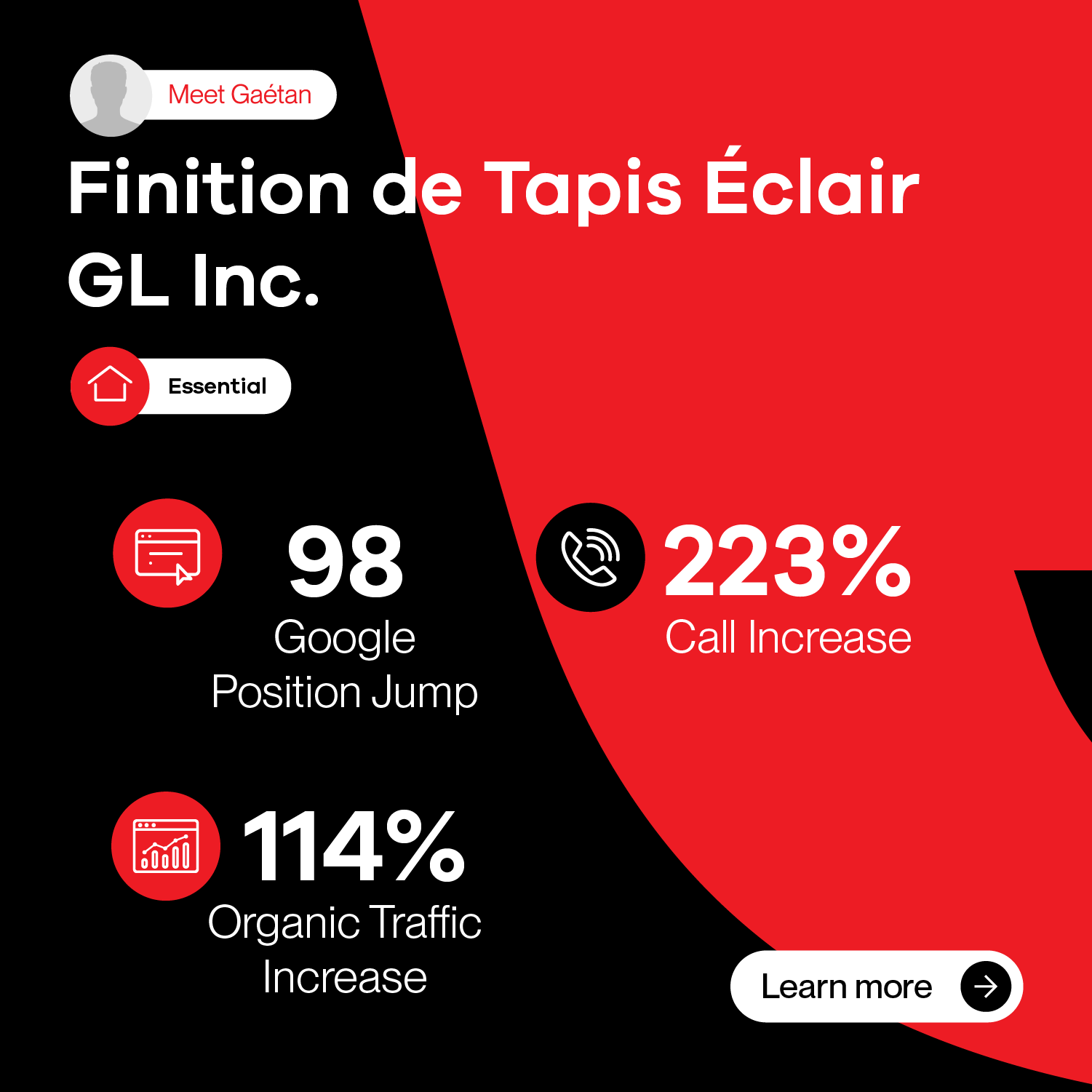 A red and black advertisement for finition de tapis eclair gl inc.