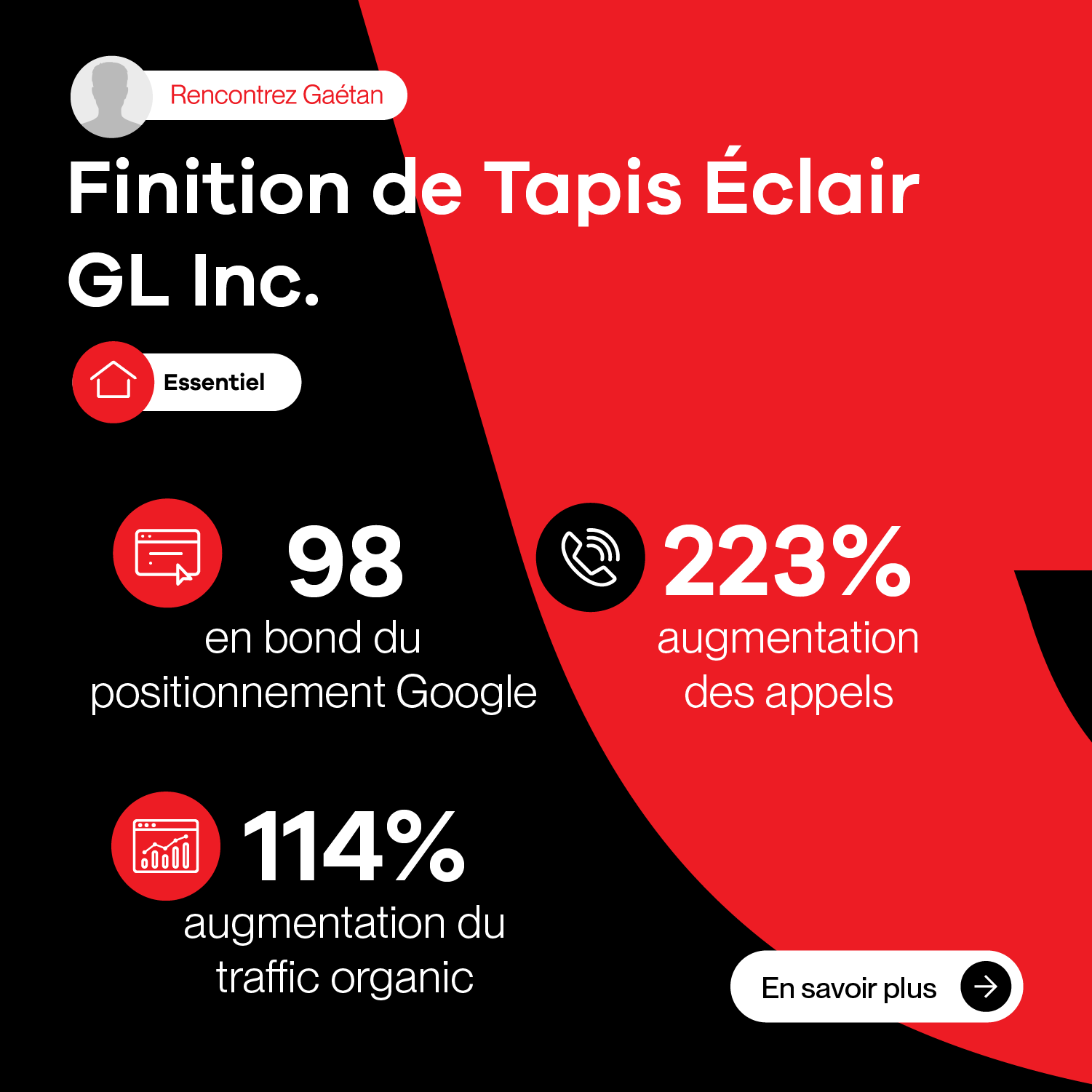 Une publicité rouge et noire pour finition de tapis éclair gl inc.