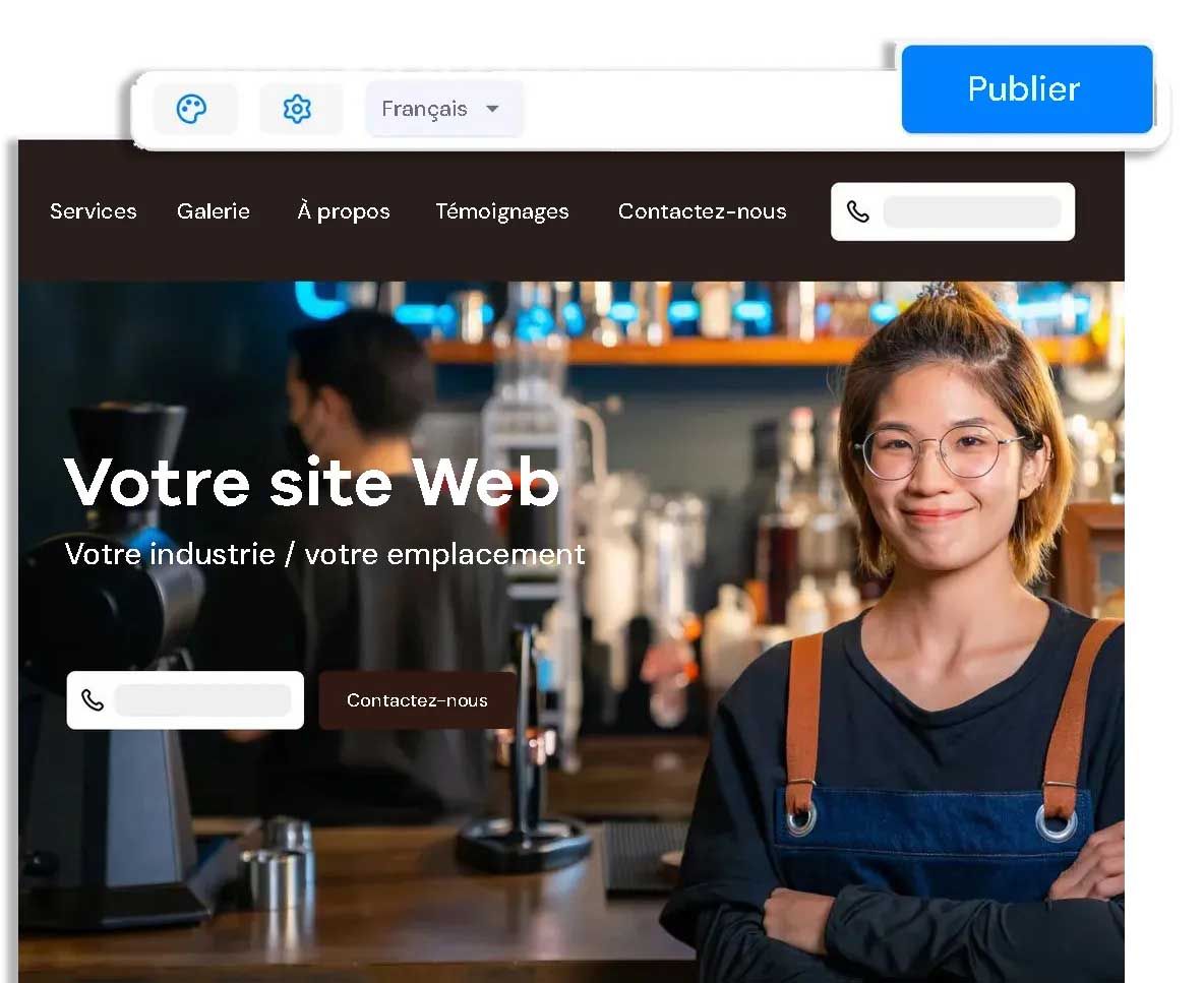 Une femme se tient devant un bar avec les bras croisés.