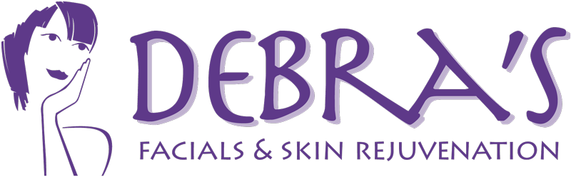 Logo for "Debra's": purple text and drawing of a woman's face, advertising facials and skin rejuvenation.