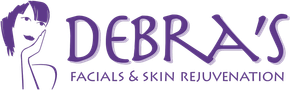 Logo for "Debra's": purple text and drawing of a woman's face, advertising facials and skin rejuvenation.