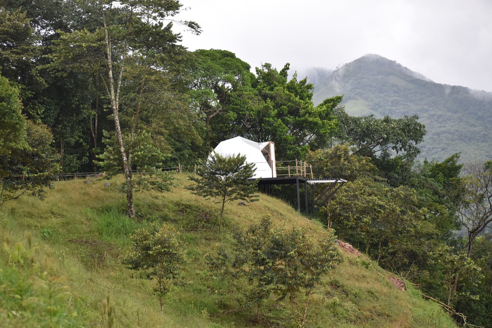 Estructura blanca en forma de cúpula sobre una plataforma de madera con vista a una ladera verde y montañas.