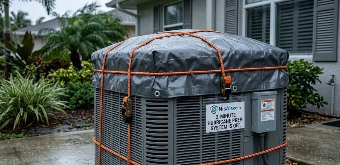 An outdoor AC condenser unit wrapped securely in a protective tarp and held tight with several heavy-duty bungee cords to prevent hurricane damage.