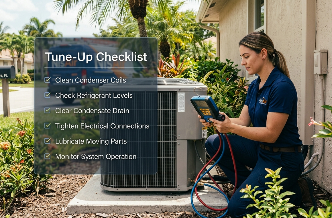Female HVAC technician performing an AC maintenance tune-up check on a South Florida home unit.