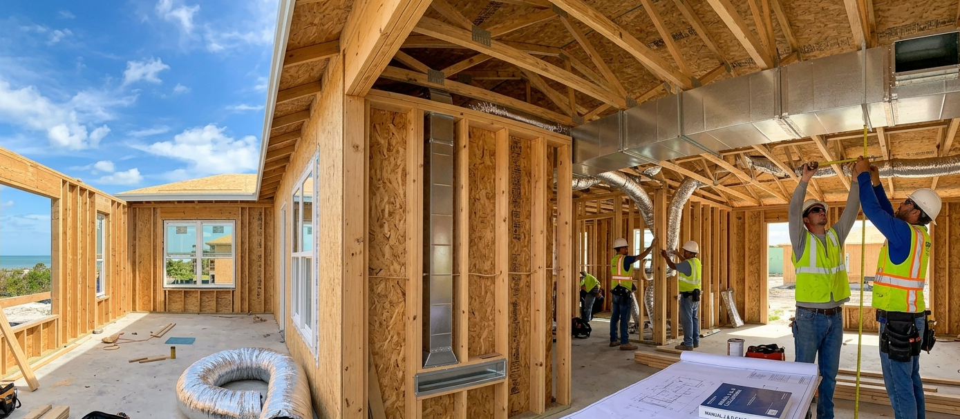 HVAC technicians installing custom ductwork in a new construction home on the Florida coast.