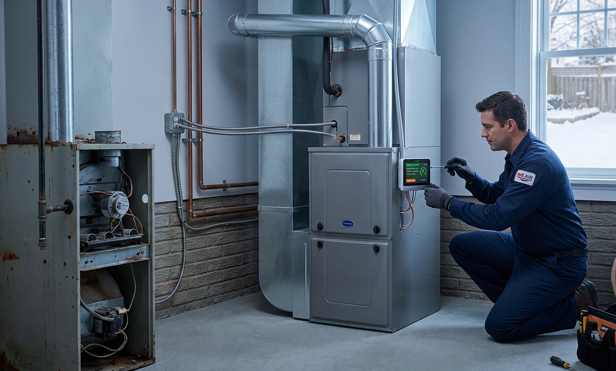 HVAC technician installing a new energy-efficient furnace next to an old heating system.