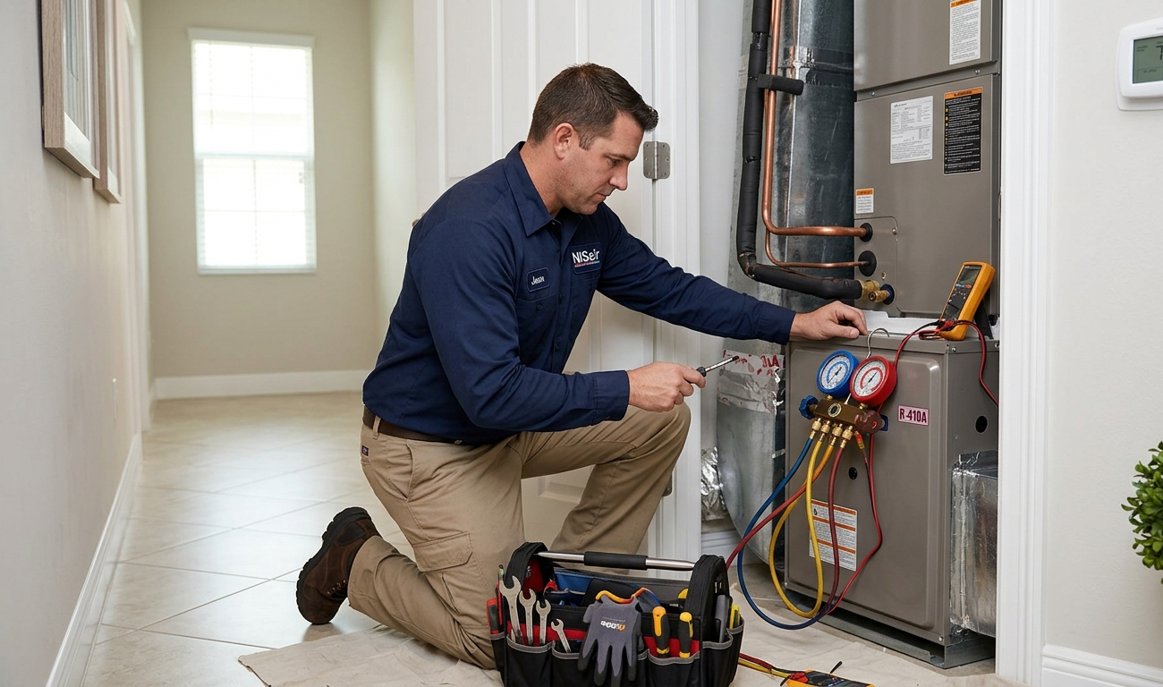 Professional HVAC technician repairing a home air conditioning system with pressure gauges.